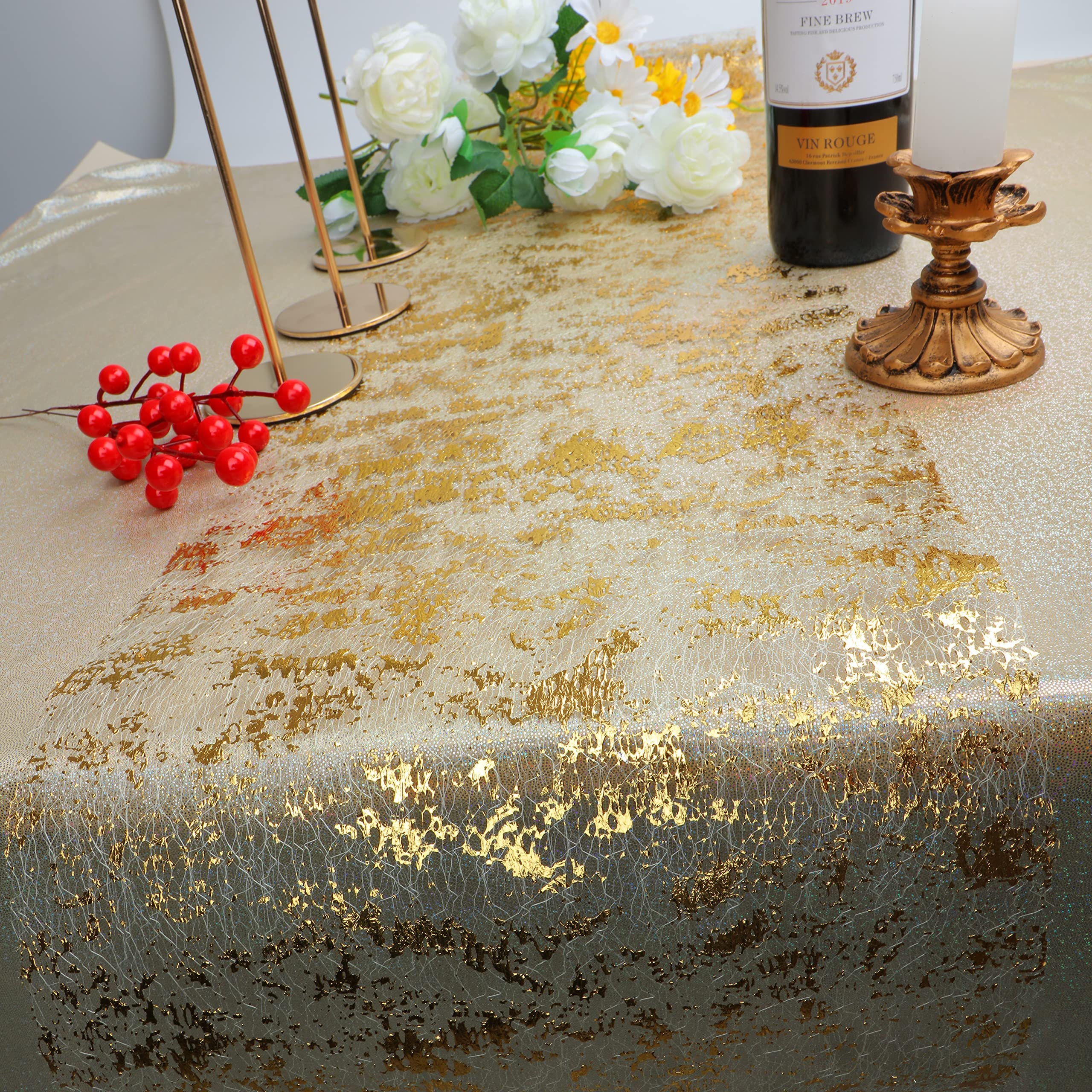 Snowkingdom 2 Pieces Gold Table Runner, Sequin Glitter Foil Metallic Gold Thin Mesh Table Runner Roll 11''X108'', Gold Table Dec